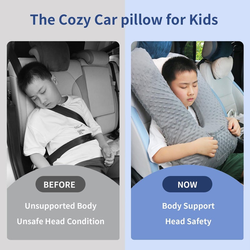 Cococu Travel Pillow for Kids & Adults, Car Pillow for Back Seat, Sleeping Support Cushion for Long Road Trips, Toddler Carseat Pillow with Removable & Washable Cover, Grey - Image 4